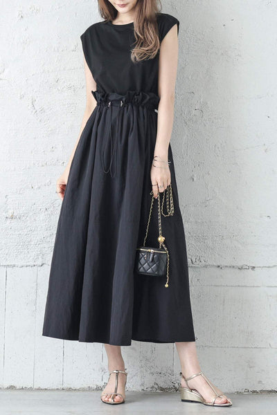 Round Neck Drawstring Docking Maxi Dress with Lining