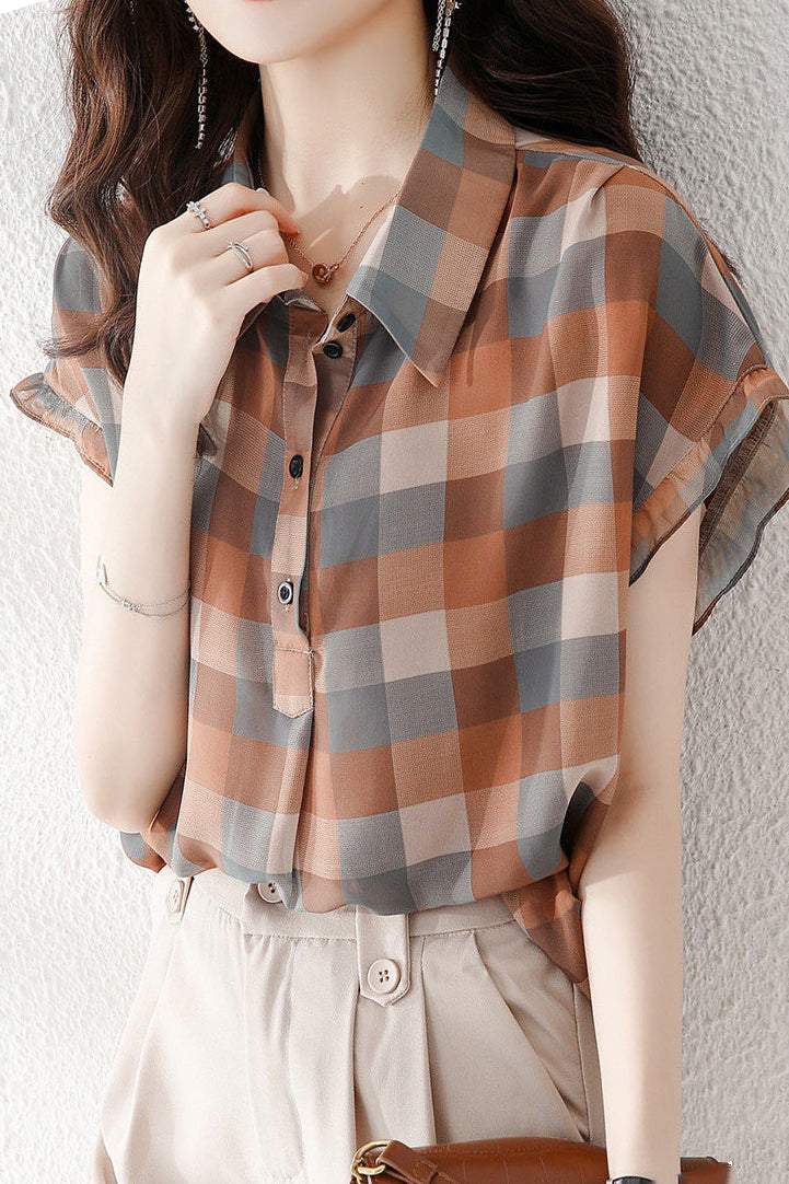 Polo Collar Check Pattern Frill Contrast Blouse