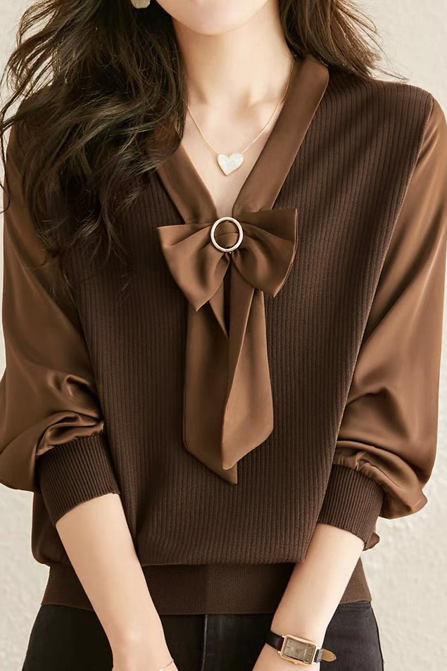 V-neck spliced knitted shirt
