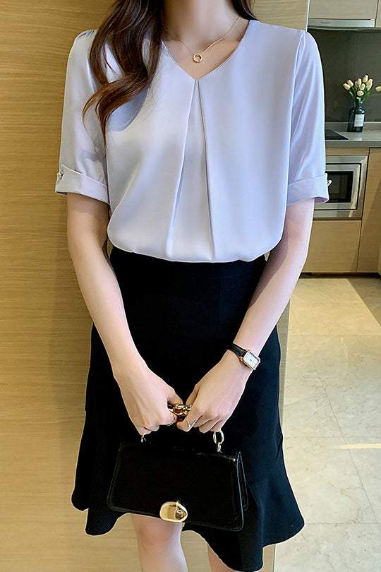 V-Neck Front Tuck-In Short Sleeve Blouse - 2 Colors Available