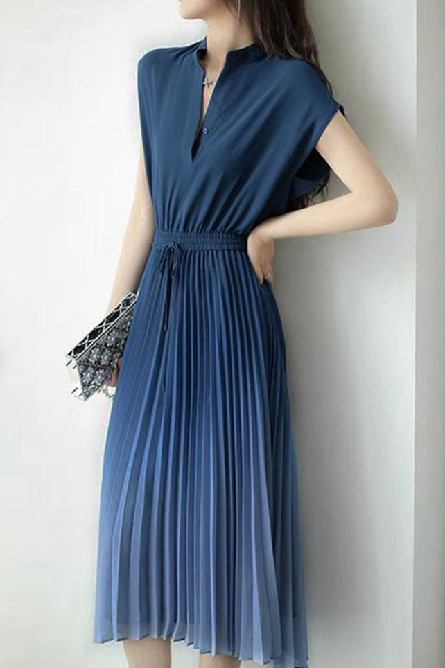 Key Neck Ombre Pleated Dress with Lining - 3 Colors Available