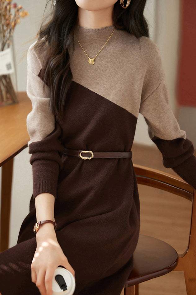 Bottle Neck Bi-Color Belted Knit Dress - 2 Colors Available