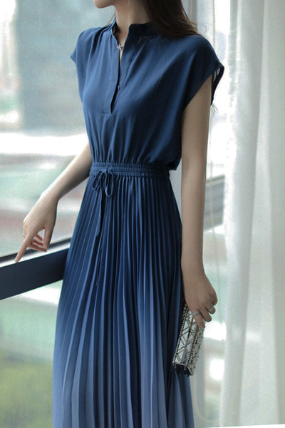 Key Neck Ombre Pleated Dress with Lining - 3 Colors Available