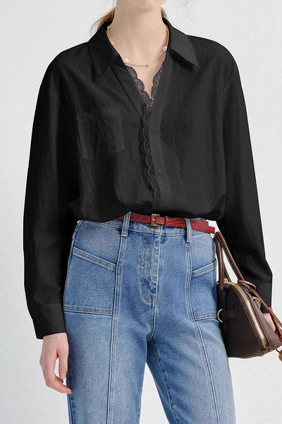 Early Autumn French-Style Lace-Trimmed Long-Sleeve Shirt