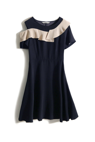 Asymmetrical Open Shoulder Frill Contrast Dress
