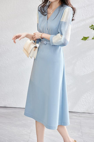 Mixed Material Sheer Check Contrast Crossover Belt Long Dress - 2 Colors Available